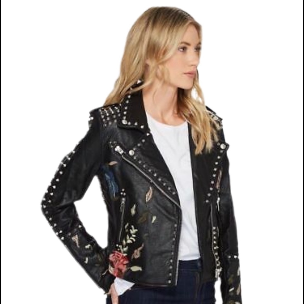 leather jacket with studs embroidered flowers